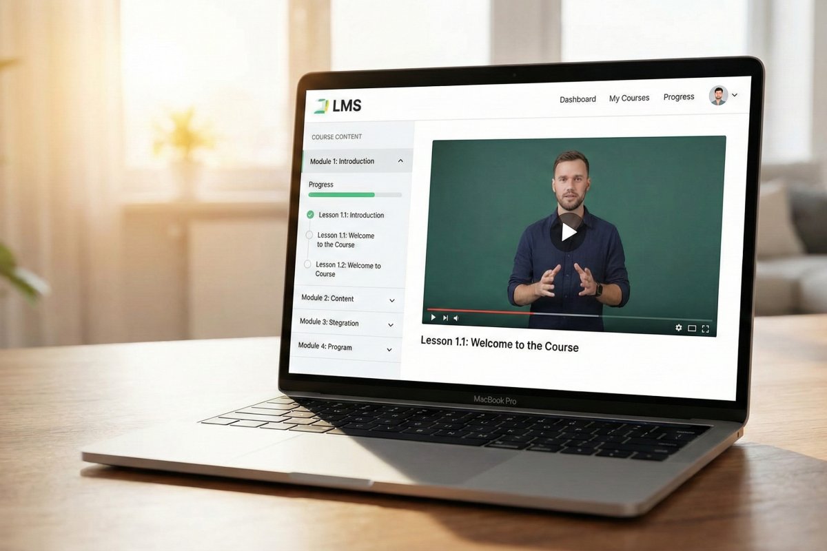 A laptop screen mockup showing a LMS with a video course, simple top menu and sidebar with an accordion showing the course lessons.