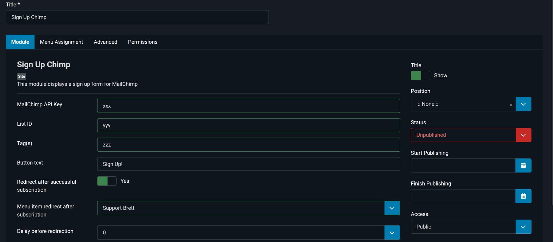 Configure the Sign Up Chimp Module
